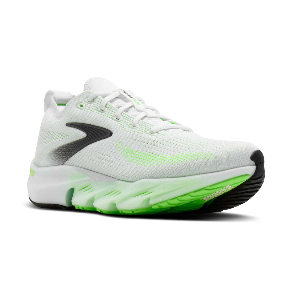 Lateral view of the right shoe from a pair of Brooks Men's Glycerin Flex Running Shoes in the White/Green Gecko/Phantom colourway.