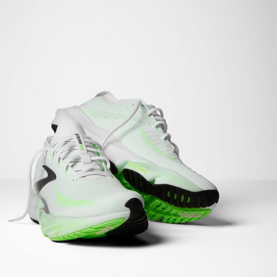 A pair of Brooks Men's Glycerin Flex Running Shoes in the White/Green Gecko/Phantom colourway.