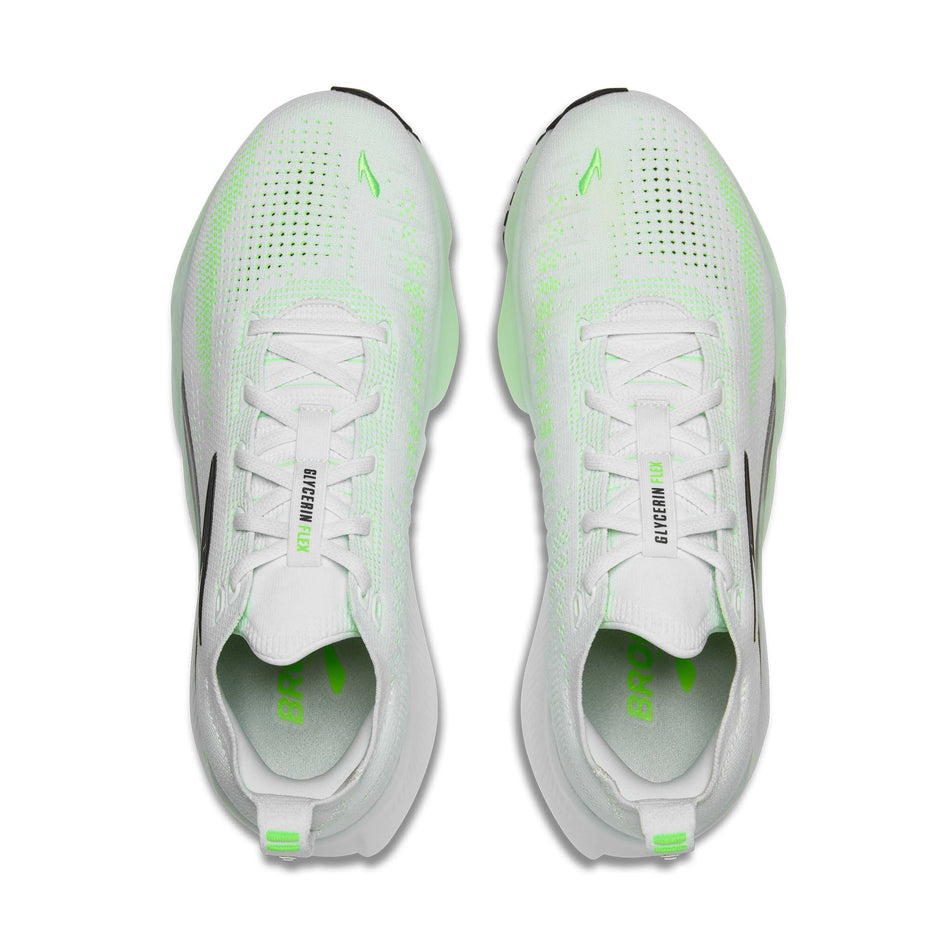 The uppers of a pair of Brooks Men's Glycerin Flex Running Shoes in the White/Green Gecko/Phantom colourway.