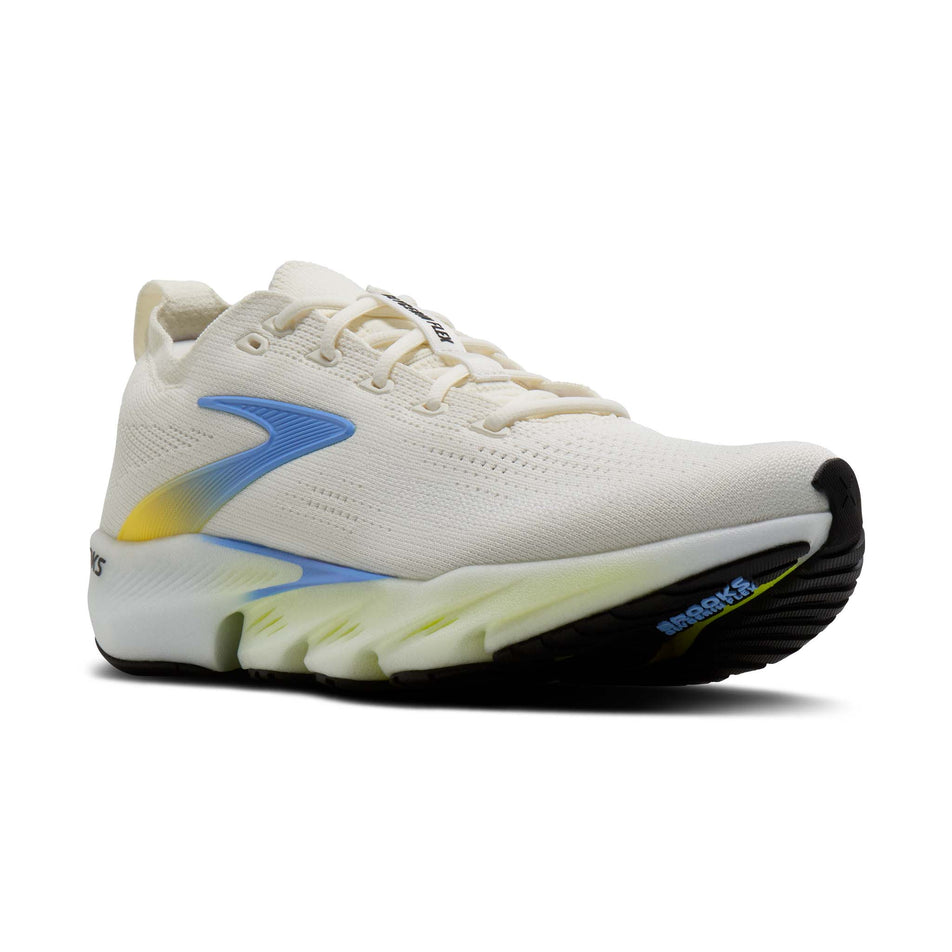 Lateral view of the right shoe from a pair of Brooks Men's Glycerin Flex Running Shoes in the White/Cyber Yellow/Nightlife colourway.