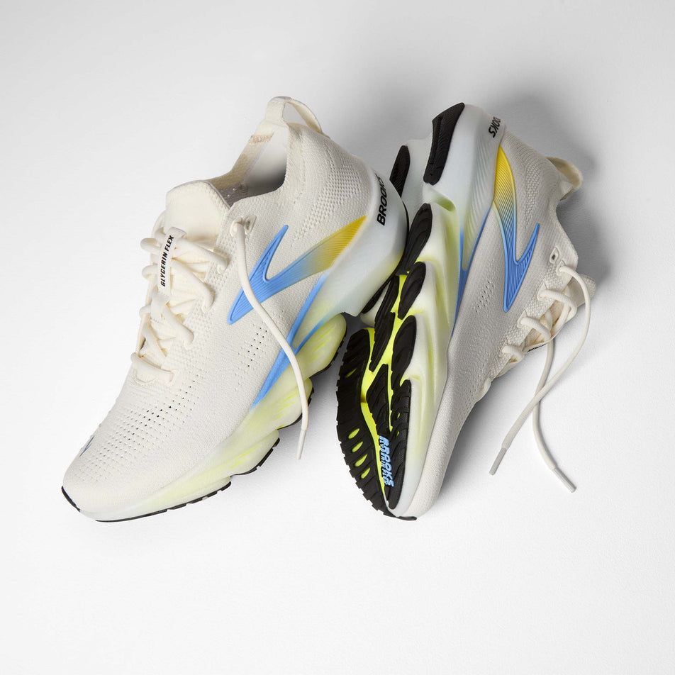 A pair of Brooks Men's Glycerin Flex Running Shoes in the White/Cyber Yellow/Nightlife colourway.
