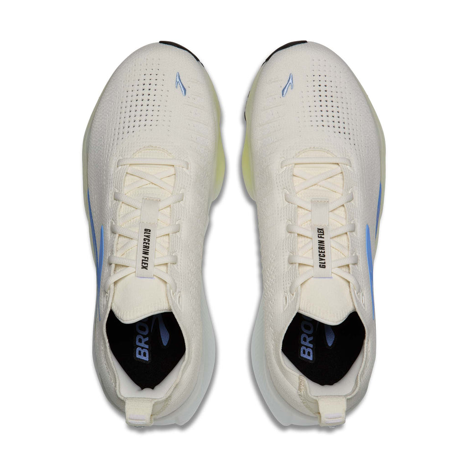 The uppers of a pair of Brooks Men's Glycerin Flex Running Shoes in the White/Cyber Yellow/Nightlife colourway.