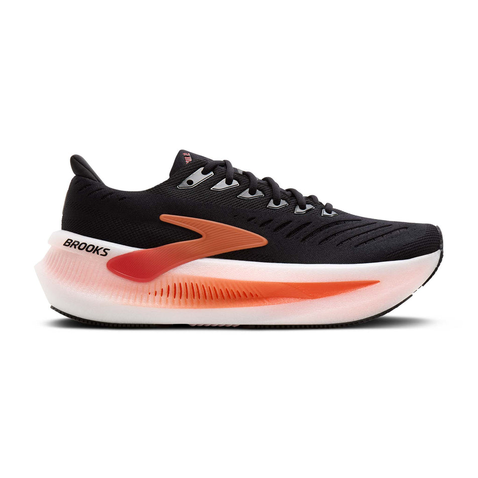 Lateral view of the right shoe from a pair of Brooks Men's Glycerin Max 2 Running Shoes in the Black/Tigerlilly/Orange colourway. 