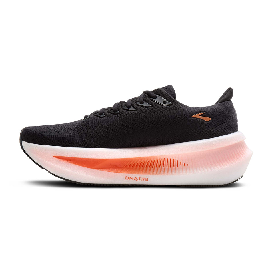Medial view of the right shoe from a pair of Brooks Men's Glycerin Max 2 Running Shoes in the Black/Tigerlilly/Orange colourway.
