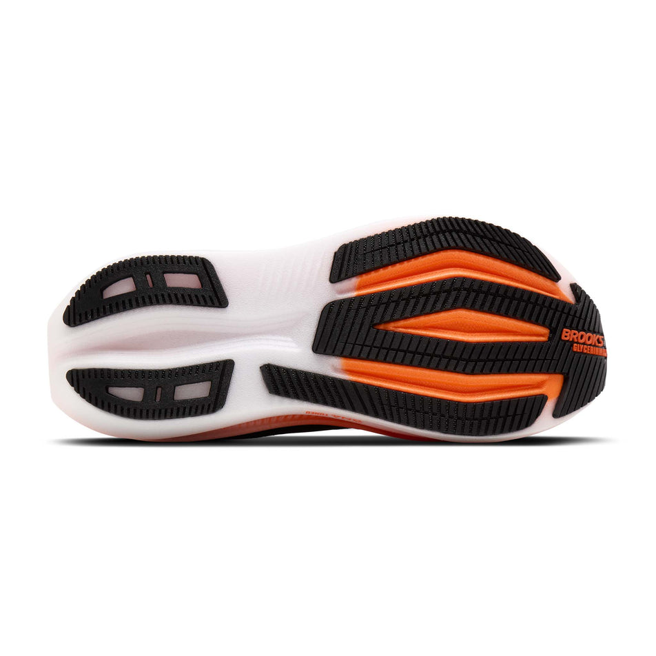 The outsole of the right shoe from a pair of Brooks Men's Glycerin Max 2 Running Shoes in the Black/Tigerlilly/Orange colourway.