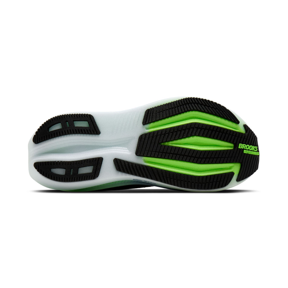 The outsole of the right shoe from a pair of Brooks Men's Glycerin Max 2 Running Shoes in the Phantom/White/Green Gecko colourway.