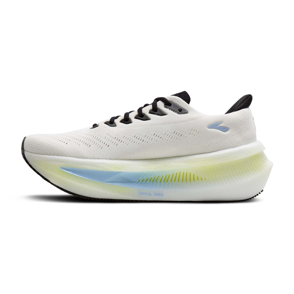 Medial view of the right shoe from a pair of Brooks Men's Glycerin Max 2 Running Shoes in the Bright White/Black/Nightlife colourway.