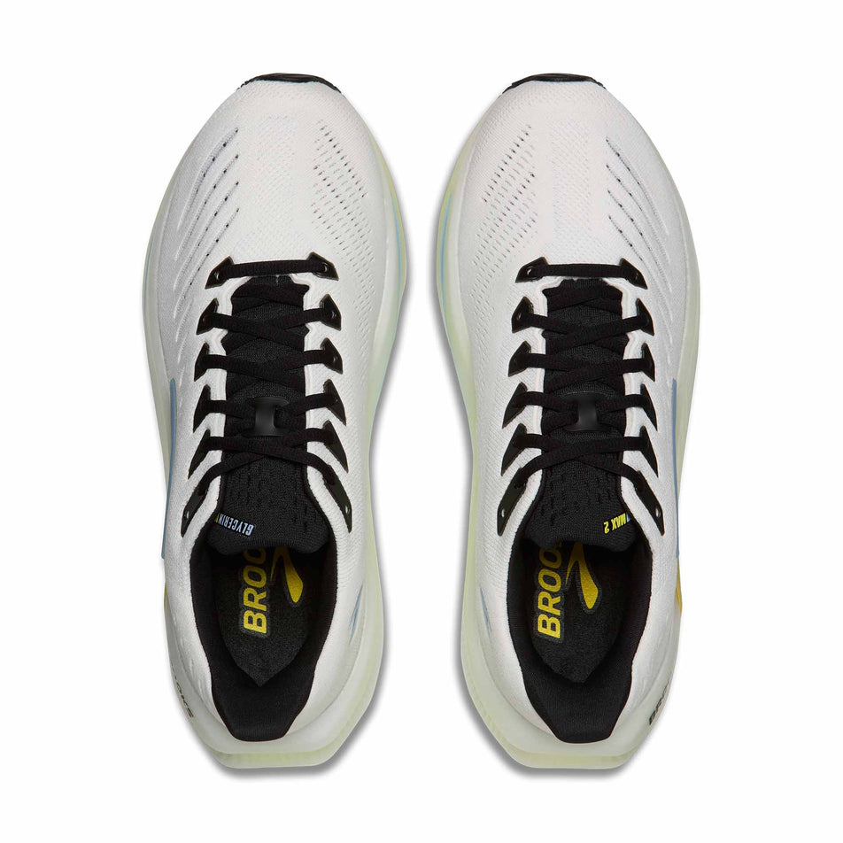 The uppers of a pair of Brooks Men's Glycerin Max 2 Running Shoes in the Bright White/Black/Nightlife colourway.