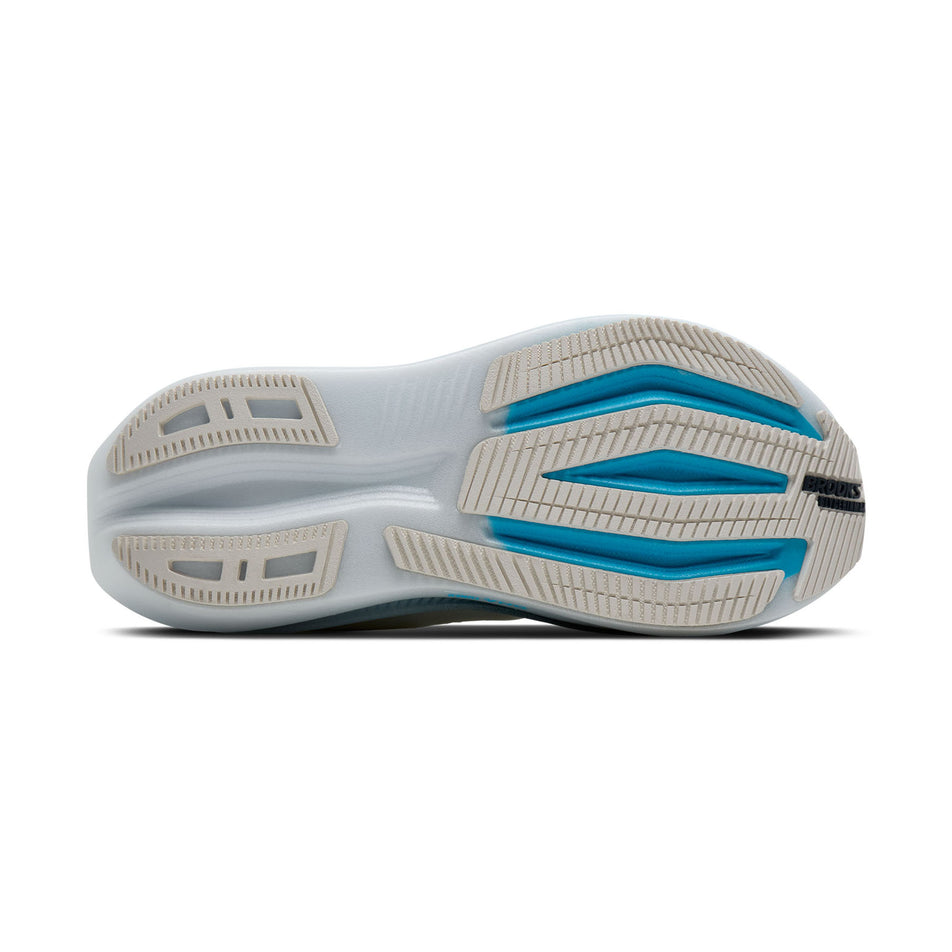 The outsole of the right shoe from a pair of Brooks Men's Glycerin Max 2 Running Shoes in the White/Blue/Spellbound colourway.