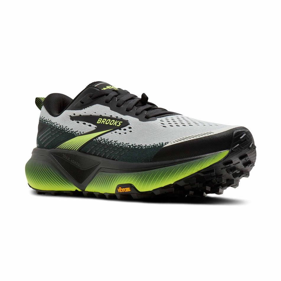 Lateral view of the right shoe from a pair of Brooks Men's Cascadia 20 Running Shoes in the Grey/Black/Nightlife colourway.