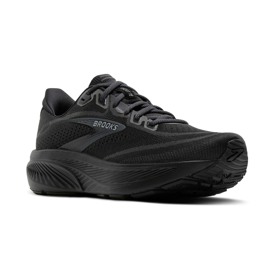Lateral view of the right shoe from a pair of Brooks Men's Ghost 18 Running Shoes in the Black/Black/Ebony colourway.