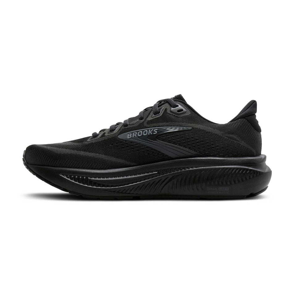 Medial view of the right shoe from a pair of Brooks Men's Ghost 18 Running Shoes in the Black/Black/Ebony colourway.