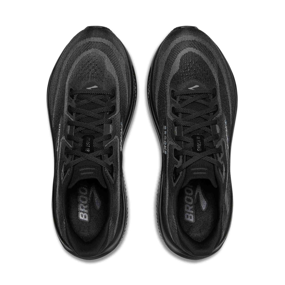 The uppers of a pair of Brooks Men's Ghost 18 Running Shoes in the Black/Black/Ebony colourway.