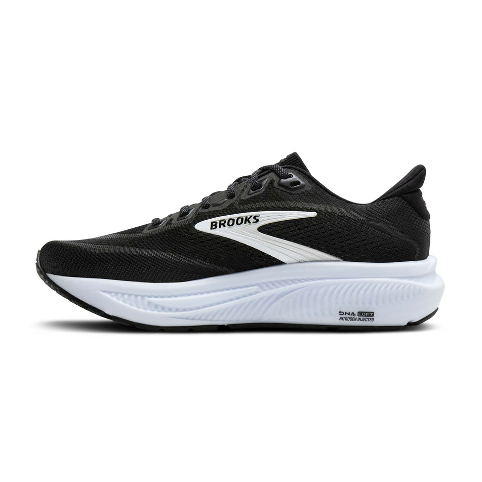 Medial view of the right shoe from a pair of Brooks Men's Ghost 18 Running Shoes in the Black/Grey/White colourway.