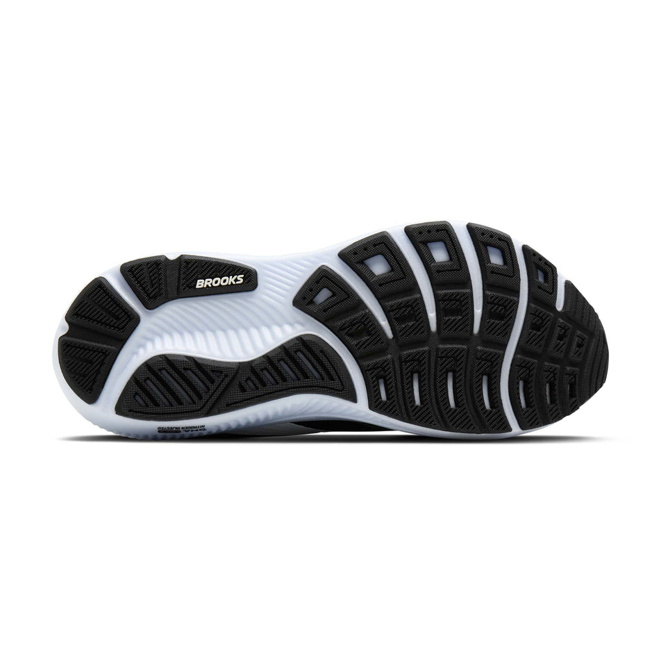 The outsole of the right shoe from a pair of Brooks Men's Ghost 18 Running Shoes in the Black/Grey/White colourway.