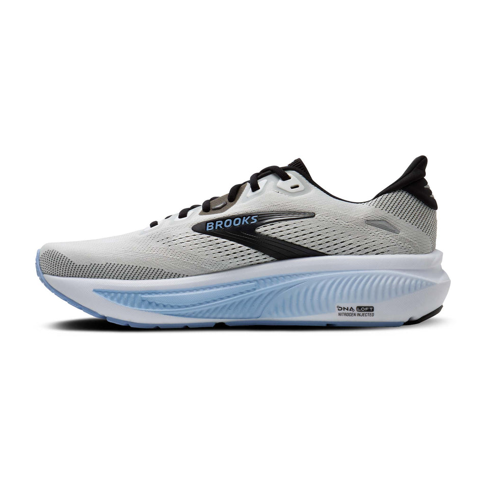 Medial view of the right shoe from a pair of Brooks Men's Ghost 18 Running Shoes in White/Black/Open Air colourway.