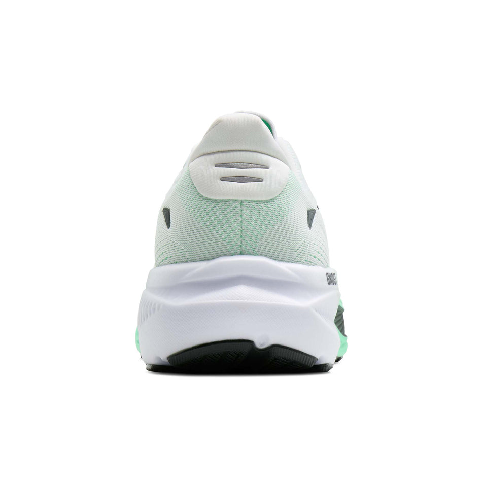 The back of the right shoe from a pair of Brooks Men's Ghost 18 Running Shoes in the White/Spring Bud/Spruce colourway.