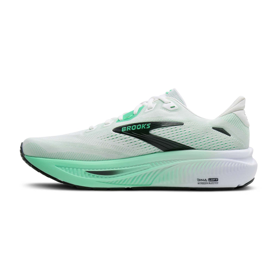 Medial view of the right shoe from a pair of Brooks Men's Ghost 18 Running Shoes in the White/Spring Bud/Spruce colourway.
