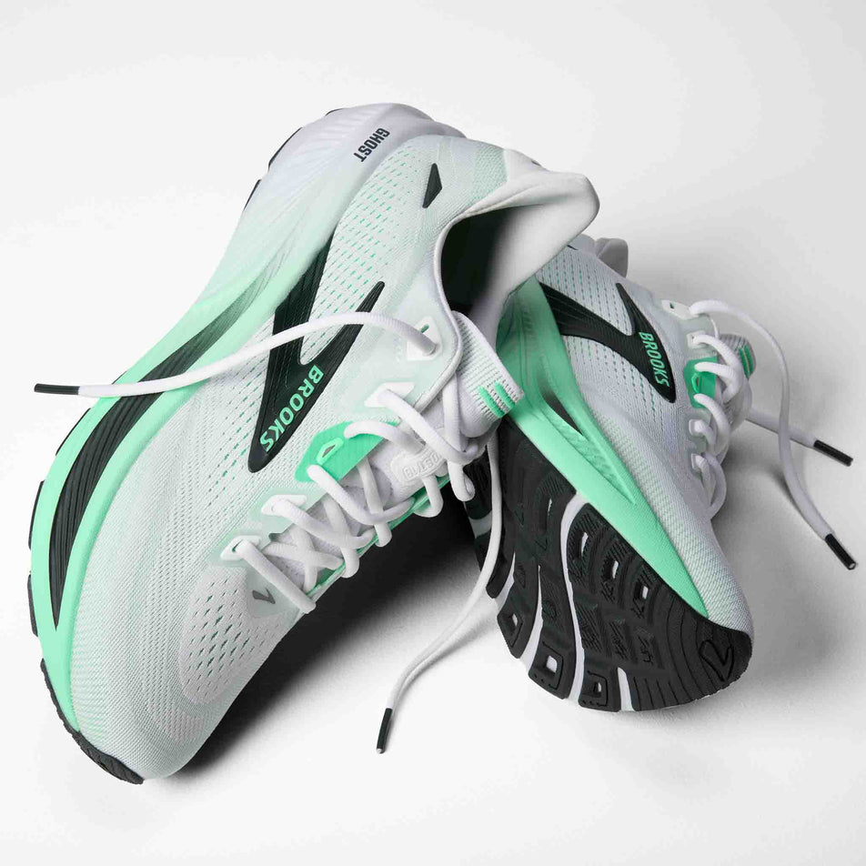 A pair of Brooks Men's Ghost 18 Running Shoes in the White/Spring Bud/Spruce colourway.