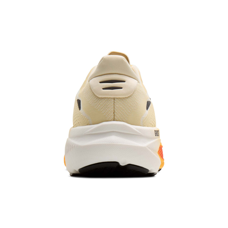 The back of the right shoe from a pair of Brooks Men's Ghost 18 Running Shoes in the Rutabaga/Tigerlily/Orange colourway.