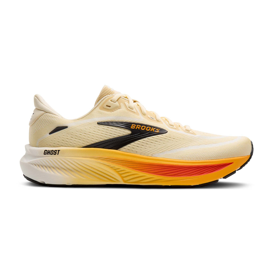 Lateral image of the right shoe from a pair of Brooks Men's Ghost 18 Running Shoes in the Rutabaga/Tigerlily/Orange colourway.