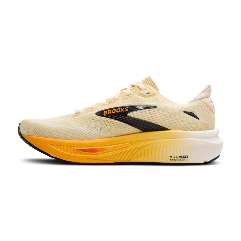 Medial view of the right shoe from a pair of Brooks Men's Ghost 18 Running Shoes in the Rutabaga/Tigerlily/Orange colourway.