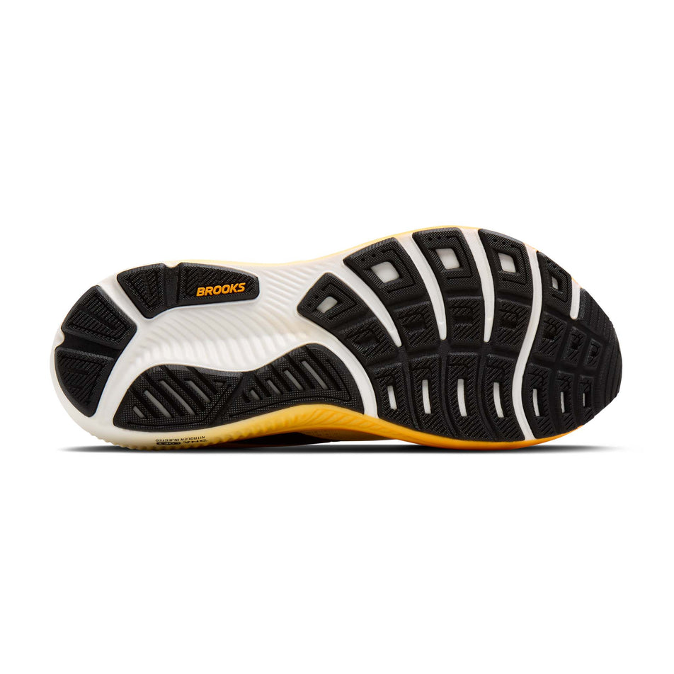 The outsole of the right shoe from a pair of Brooks Men's Ghost 18 Running Shoes in the Rutabaga/Tigerlily/Orange colourway.