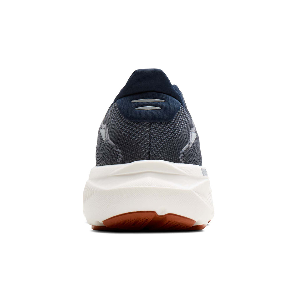 The back of the right shoe from a pair of Brooks Men's Ghost 18 Running Shoes in the Navy Blazer/Red Earth/Blue colourway.