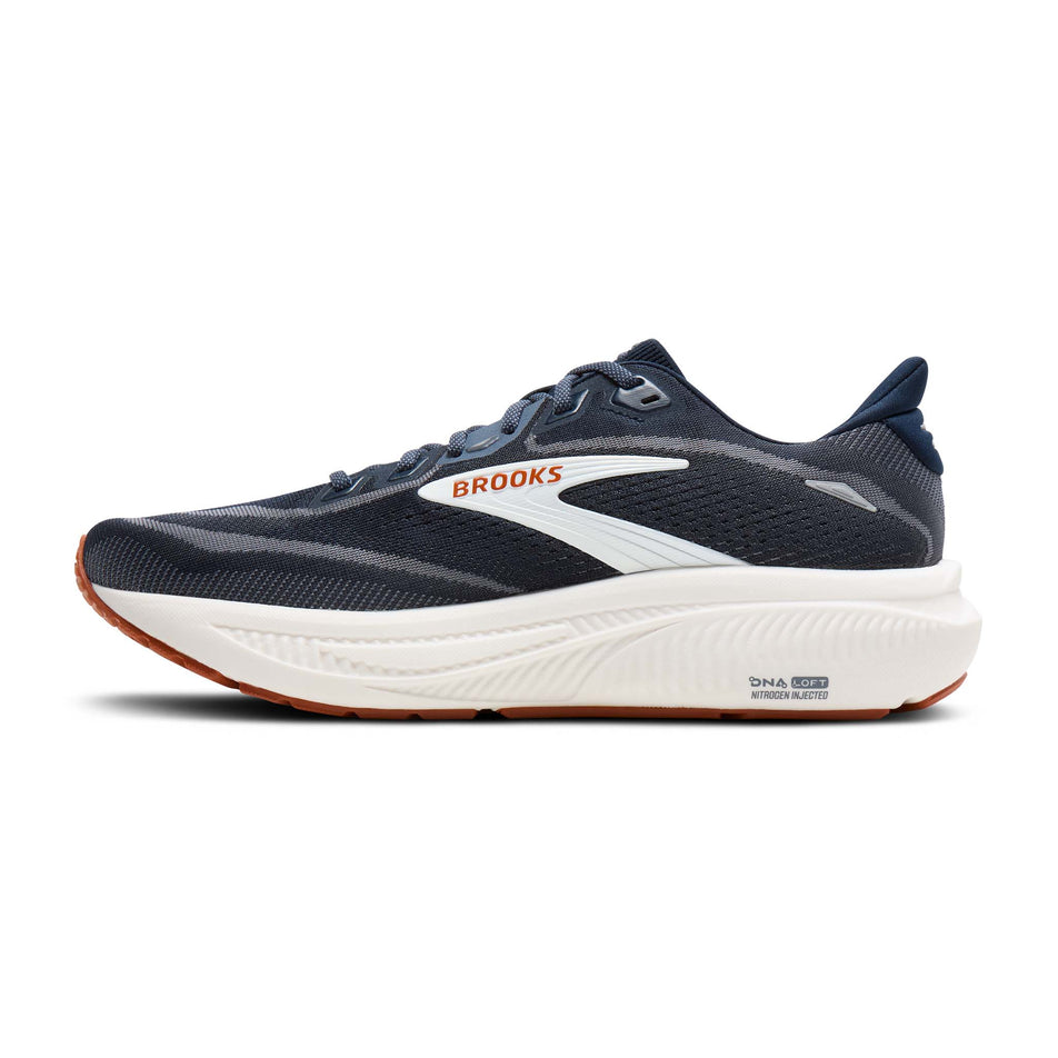 Medial view of the right shoe from a pair of Brooks Men's Ghost 18 Running Shoes in the Navy Blazer/Red Earth/Blue colourway.