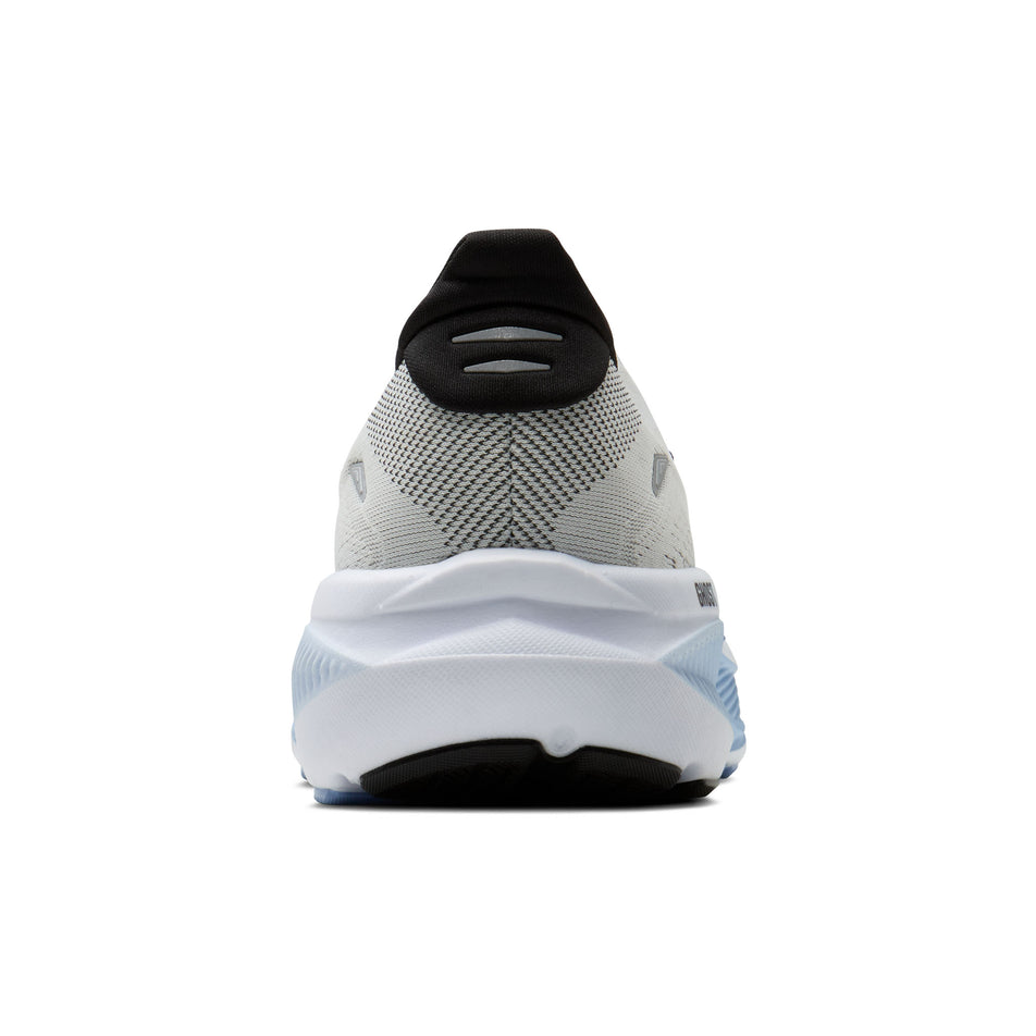 The back of the right shoe from a pair of Brooks Men's Ghost 18 2E Running Shoes in the White/Black/Open Air colourway.