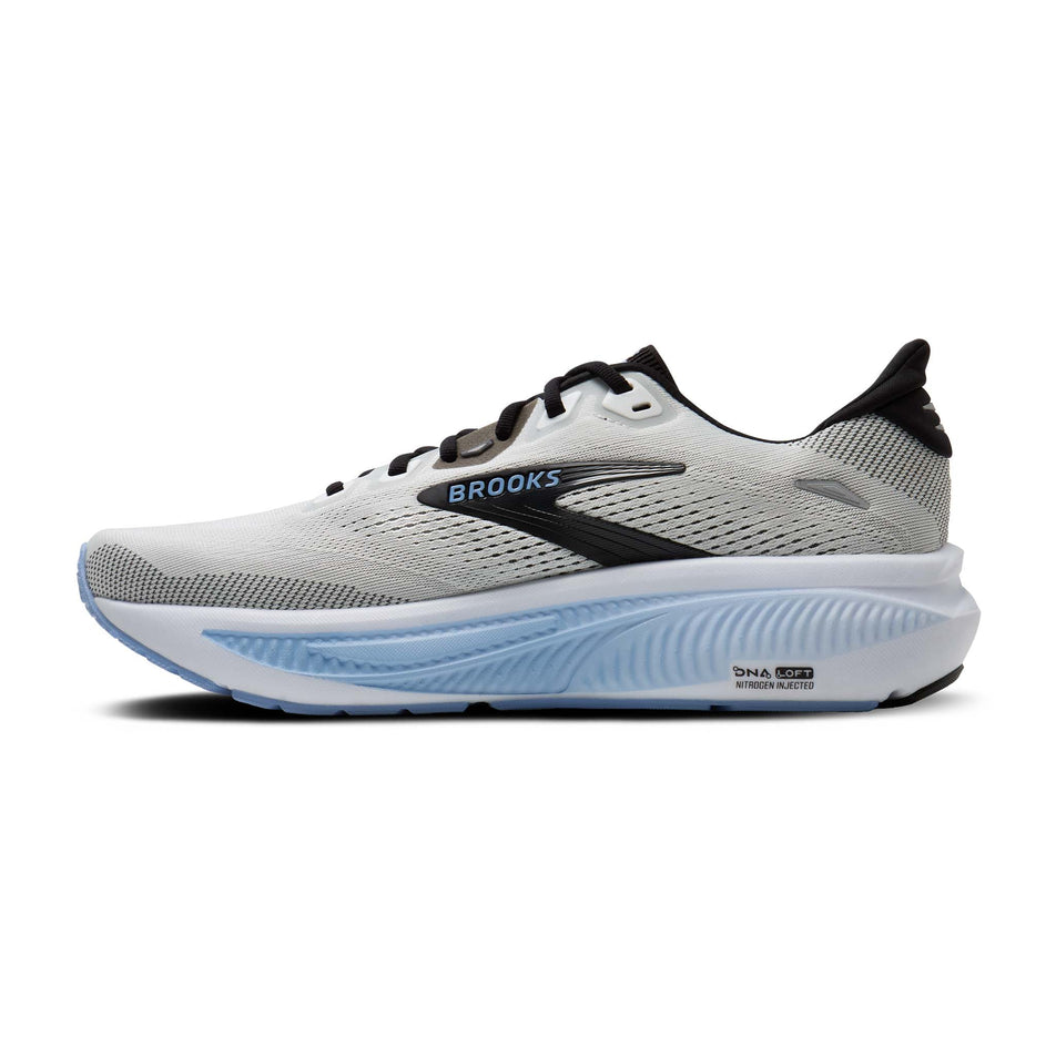 Medial view of the right shoe from a pair of Brooks Men's Ghost 18 2E Running Shoes in the White/Black/Open Air colourway.