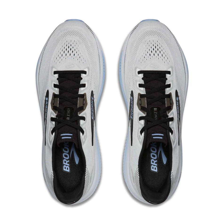 The uppers of a pair of Brooks Men's Ghost 18 2E Running Shoes in the White/Black/Open Air colourway.