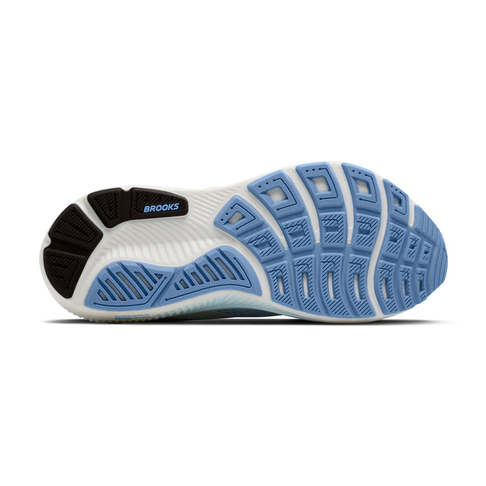 The outsole of the right shoe from a pair of Brooks Men's Ghost 18 2E Running Shoes in the White/Black/Open Air colourway.