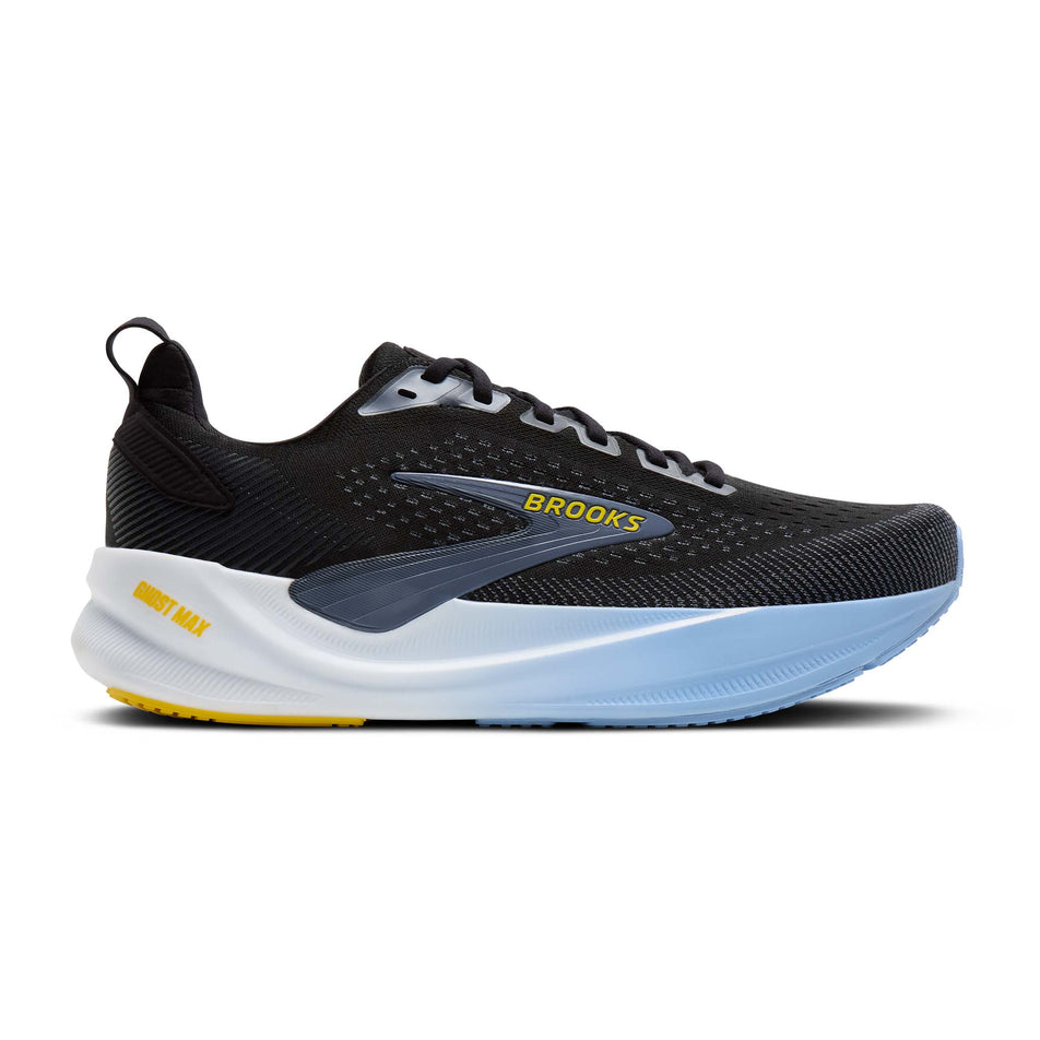 Lateral view of the right shoe from a pair of Brooks Men's Ghost Max 4 Running Shoes in the Black/Folkstone/Open Air colourway.
