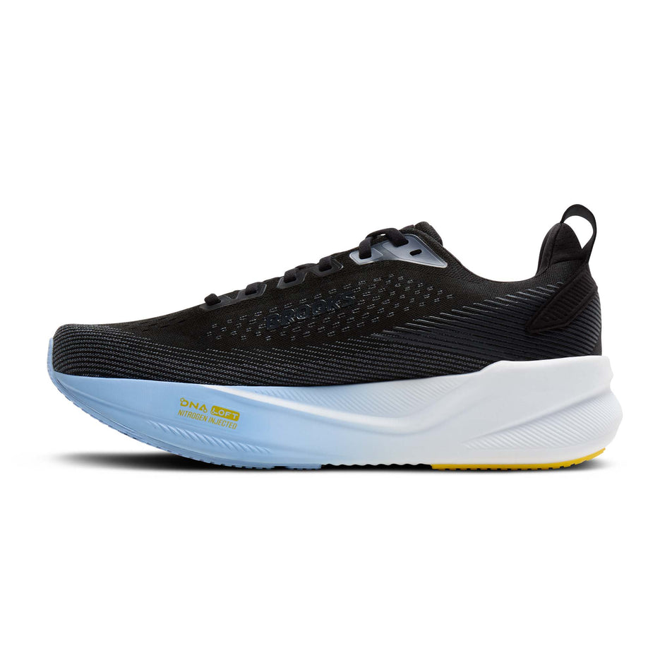 Medial view of the right shoe from a pair of Brooks Men's Ghost Max 4 Running Shoes in the Black/Folkstone/Open Air colourway.
