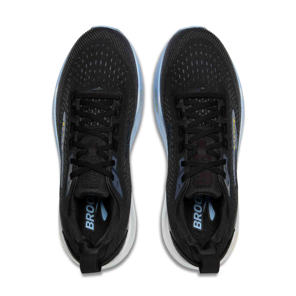 The uppers of a pair of Brooks Men's Ghost Max 4 Running Shoes in the Black/Folkstone/Open Air colourway.