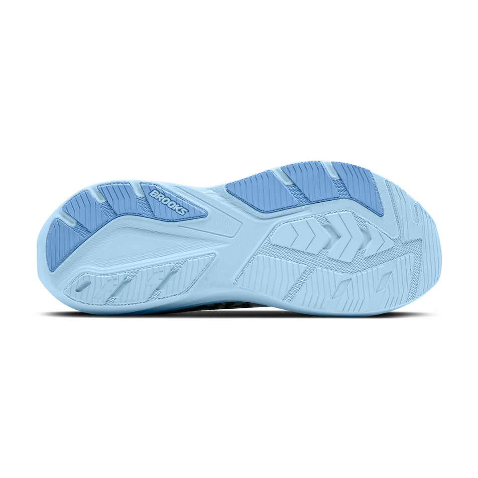 The outsole of the right shoe from a pair of Brooks Men's Ghost AMP Running Shoes in the Blue/Blue/Black colourway.