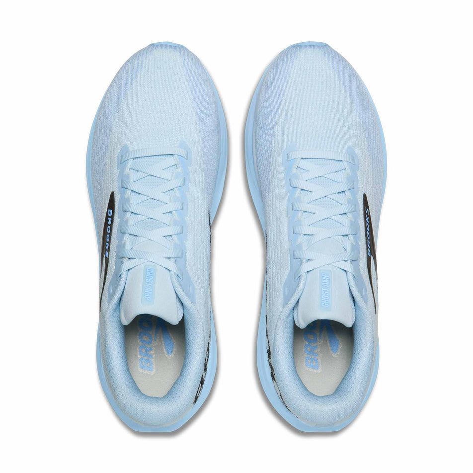 The uppers of a pair of Brooks Men's Ghost AMP Running Shoes in the Blue/Blue/Black colourway.