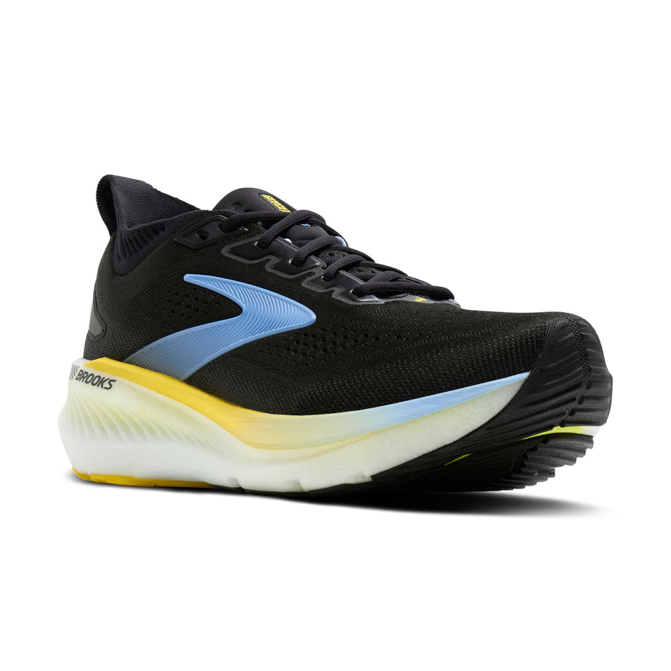 Lateral view of the right shoe from a pair of Brooks Men's Glycerin GTS 23 Running Shoes in the Black/Cyber Yellow/Nightlife colourway.