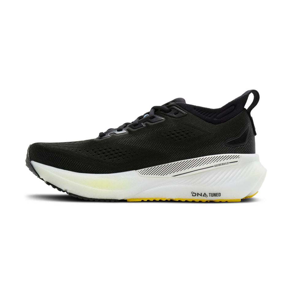 Medial view of the right shoe from a pair of Brooks Men's Glycerin GTS 23 Running Shoes in the Black/Cyber Yellow/Nightlife colourway.