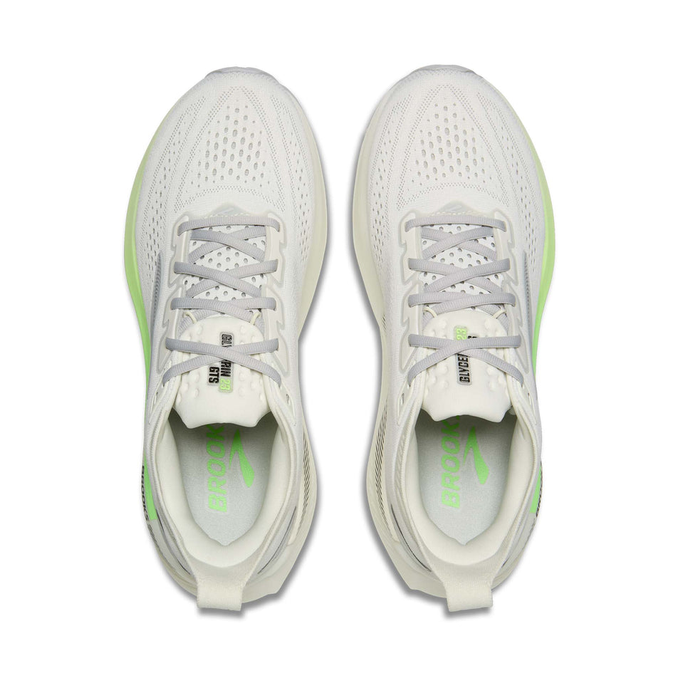 The uppers of a pair of Brooks Men's Glycerin GTS 23 Running Shoes in the Grey/Green/Black colourway.