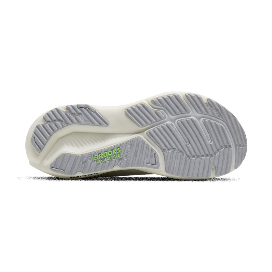 The outsole of the right shoe from a pair of Brooks Men's Glycerin GTS 23 Running Shoes in the Grey/Green/Black colourway.