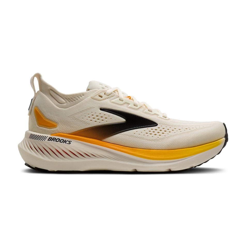 Lateral view of the right shoe from a pair of Brooks Men's Glycerin GTS 23 Running Shoes in the Arctic Wolf/Angora/Orange colourway.