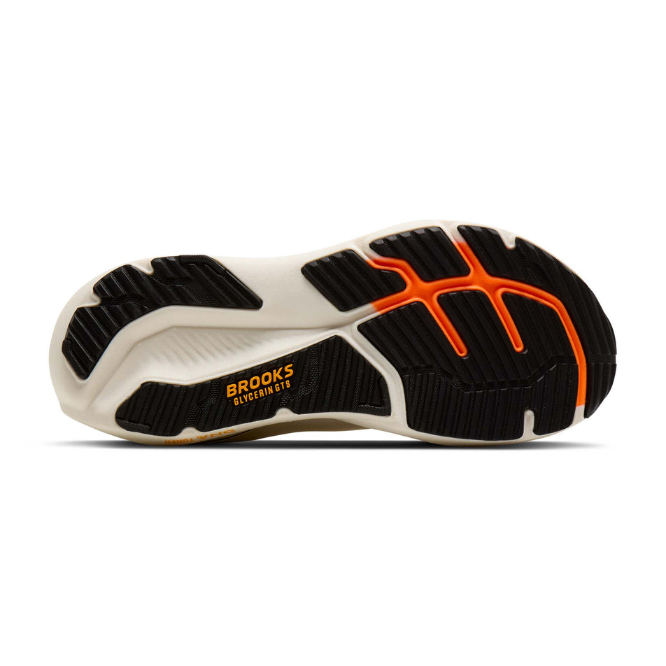 The outsole of the right shoe from a pair of Brooks Men's Glycerin GTS 23 Running Shoes in the Arctic Wolf/Angora/Orange colourway.