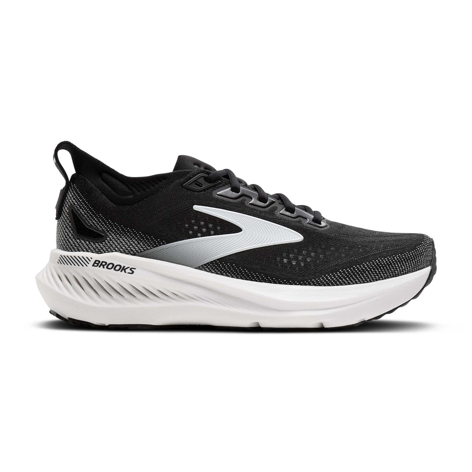 Lateral view of the right shoe from a pair of Brooks Men's Glycerin GTS 23 2E Running Shoes in the Black/Grey/White colourway.