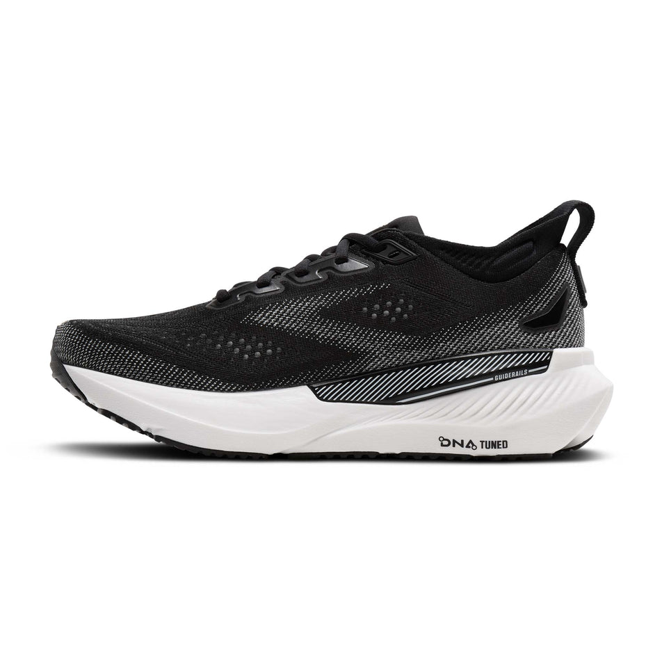 Medial view of the right shoe from a pair of Brooks Men's Glycerin GTS 23 2E Running Shoes in the Black/Grey/White colourway.