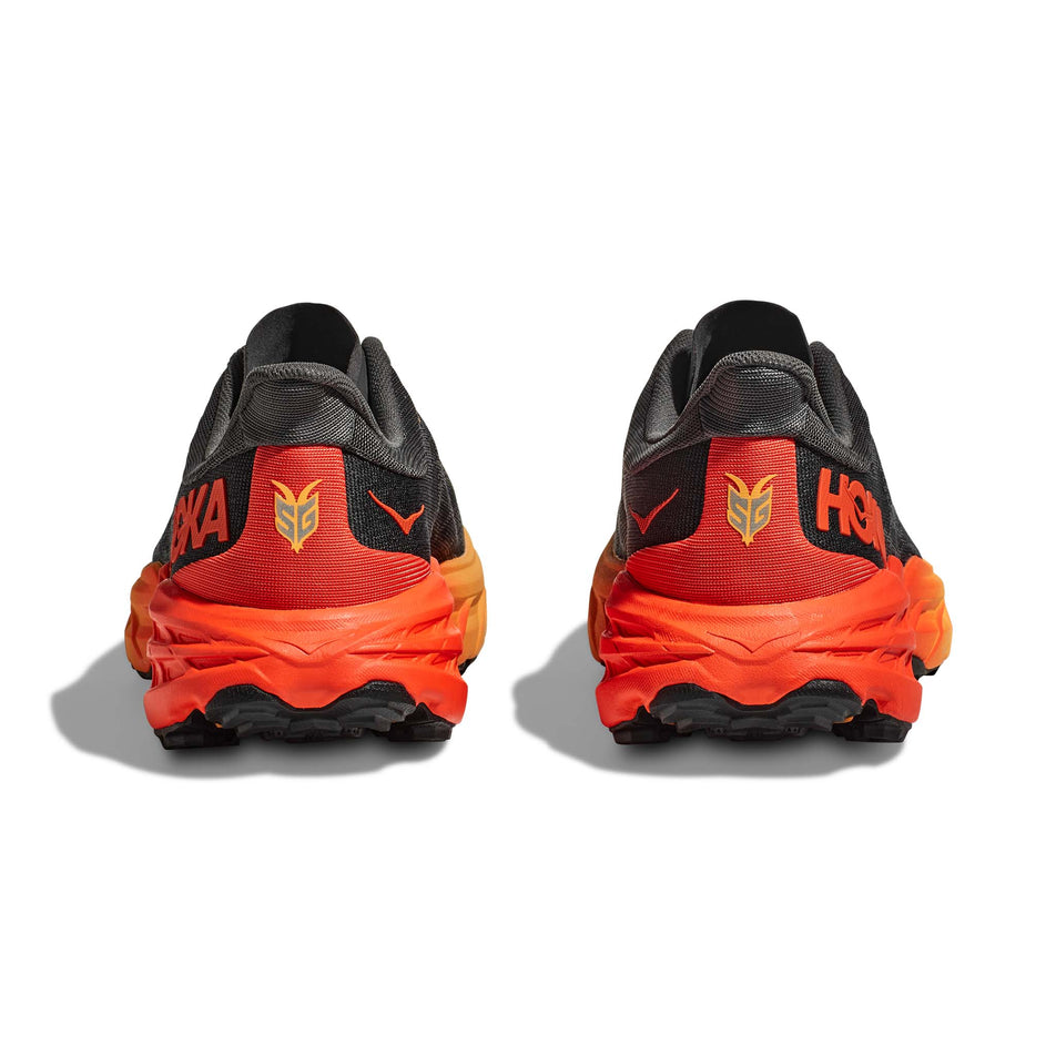 The heel units on a pair of Hoka Men's Speedgoat 5 Running Shoes in the Castlerock/Flame colourway (7922042994850)