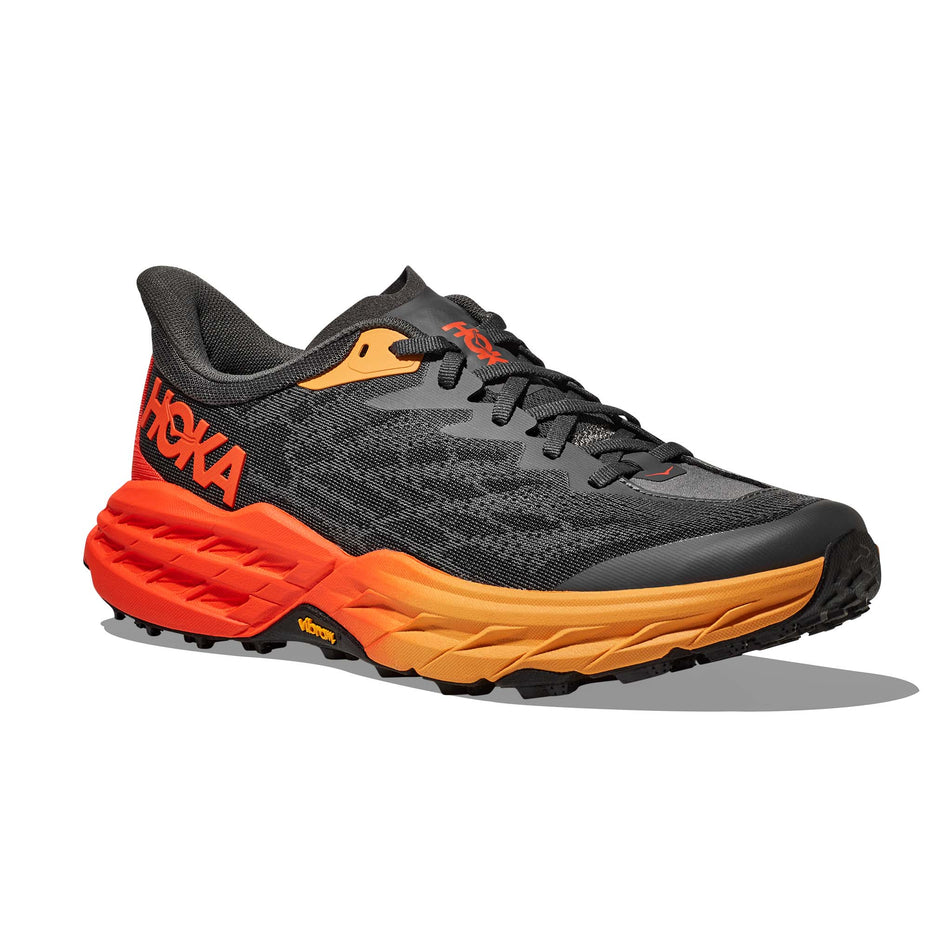 Lateral side of the right shoe from a pair of Hoka Men's Speedgoat 5 Running Shoes in the Castlerock/Flame colourway (7922042994850)