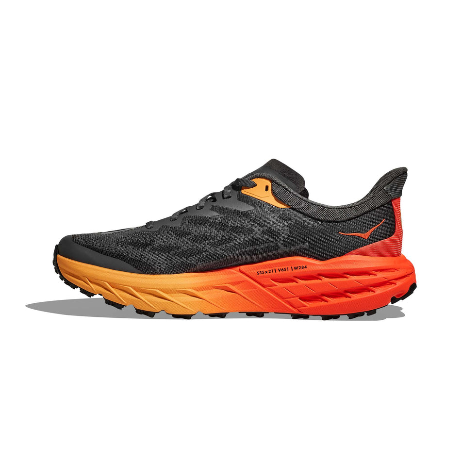 Medial side of the right shoe from a pair of Hoka Men's Speedgoat 5 Running Shoes in the Castlerock/Flame colourway (7922042994850)