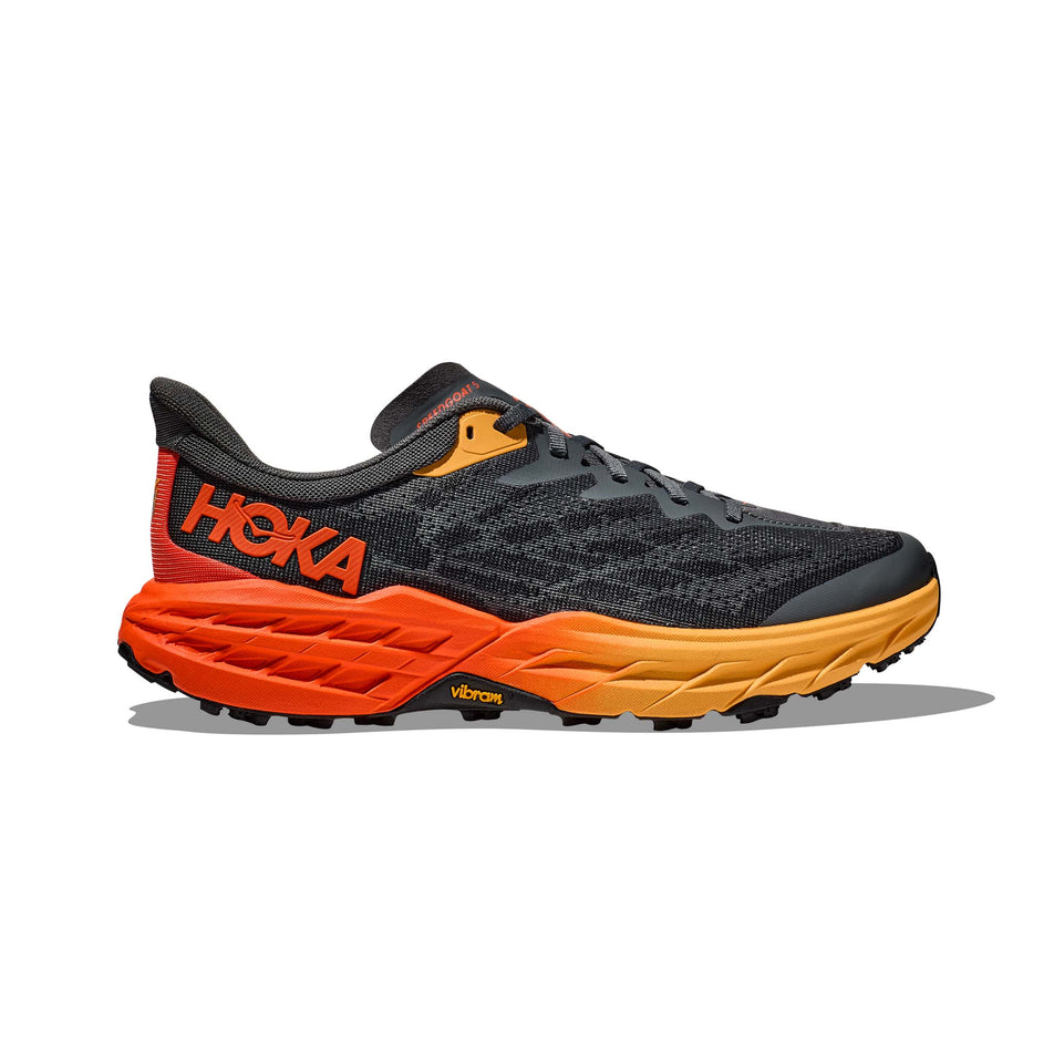 Lateral side of the right shoe from a pair of Hoka Men's Speedgoat 5 Running Shoes in the Castlerock/Flame colourway (7922042994850)